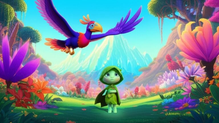 História Infantil: Lumina, a pequena criatura guardiã, em uma aventura pelo Vale das Flores Brilhantes com um urubu-rei e flores gigantes, buscando reacender a Centelha Vital.