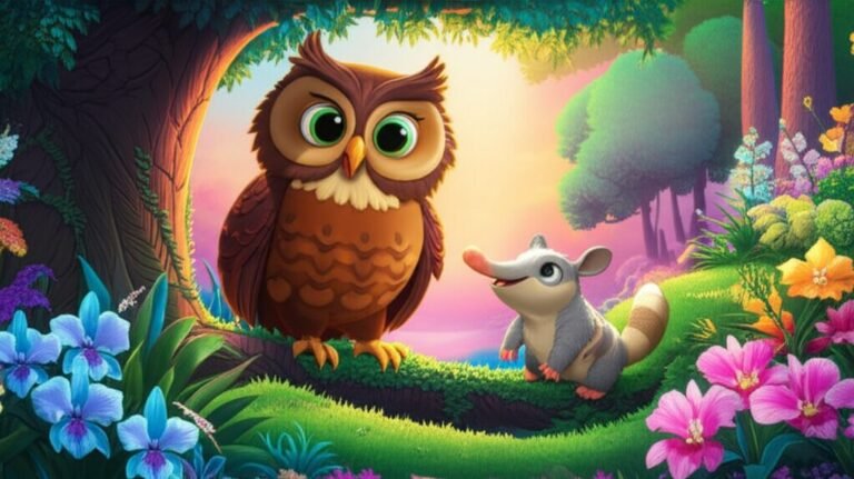 História Infantil sobre Perdoar: O Segredo da Chuva de Cores na Floresta Antiga. Ilustração de Téo, o tamanduá, e Dona Sofia, a coruja, em um jardim florido após a reconciliação.