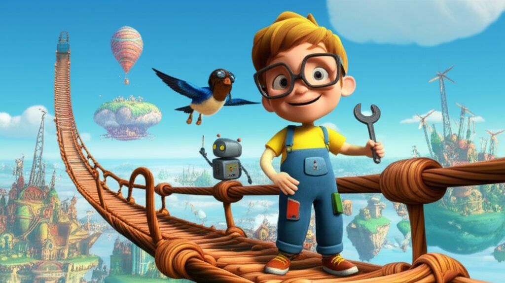 Uma cena vibrante da História Infantil sobre Persistência: O Pequeno Construtor de Pontes Aéreas, mostrando Artur, o menino engenheiro, com seus amigos, Dona Cotovia e Chico Eletro, em sua ponte aérea flexível, demonstrando superação.