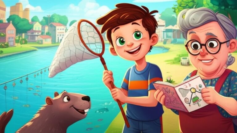Uma vibrante ilustração da História Infantil sobre Poluição, mostrando um grupo de crianças e adultos alegremente limpando um rio, com lixo sendo retirado e o rio começando a brilhar com águas mais claras.