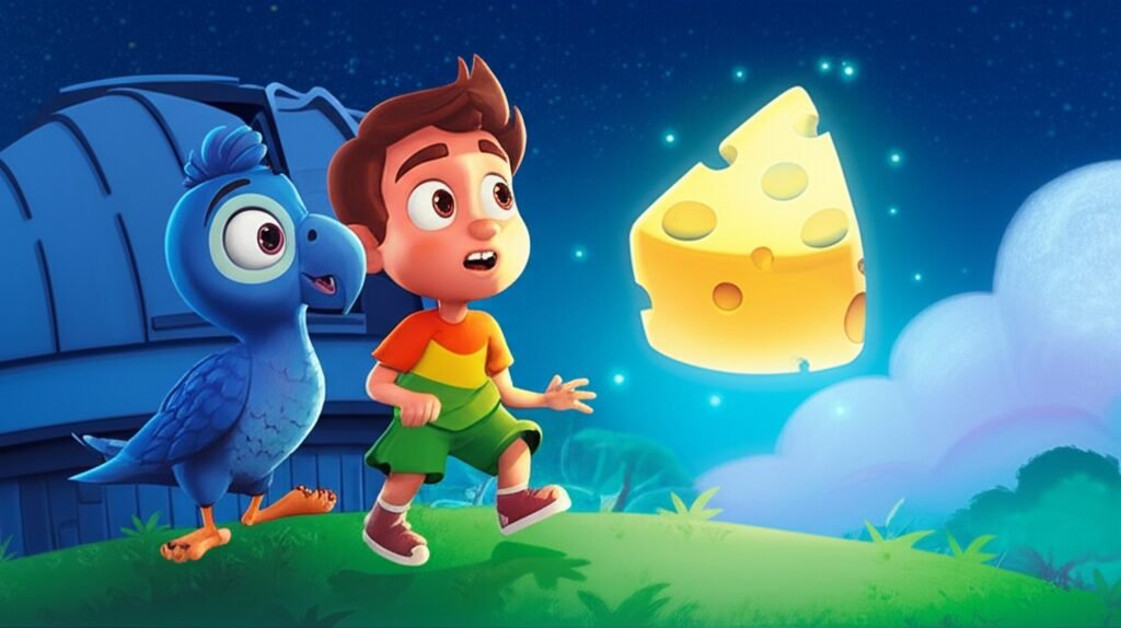 Uma imagem da História Infantil sobre queijo: A Jornada do Queijo Estelar de Joca, com o menino Joca e a arara Pipa observando um queijo brilhante em um cenário noturno com um observatório ao fundo.