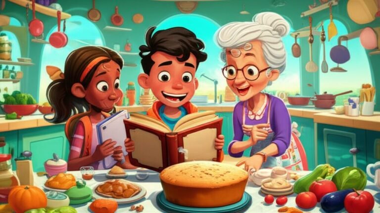 História Infantil sobre Receitas: Léo, Nina e Dona Aurora felizes em uma cozinha futurista, rodeados por ingredientes frescos e um bolo recém-assado, ilustrando a redescoberta da culinária tradicional.