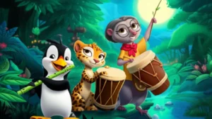 Uma ilustração da História Infantil sobre Regras: A Orquestra do Rio Sonhador, mostrando um pinguim tocando flauta aquática, uma jaguatirica no tambor e uma cotia regendo em uma floresta bioluminescente.