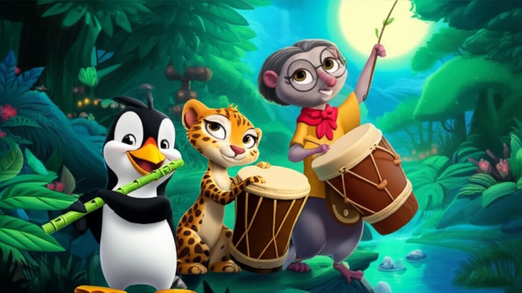 Uma ilustração da História Infantil sobre Regras: A Orquestra do Rio Sonhador, mostrando um pinguim tocando flauta aquática, uma jaguatirica no tambor e uma cotia regendo em uma floresta bioluminescente.