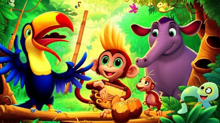 História Infantil sobre Regras: A Grande Orquestra dos Sons da Floresta. Imagem colorida com um tucano maestro, uma macaca musicista e uma anta observadora em uma clareira musical na floresta, simbolizando a união e a criatividade dos sons da natureza.