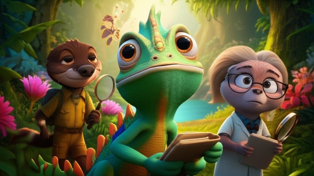 História Infantil sobre Respeitar o Próximo: A Sinfonia de Cores de Pipoca, mostrando os personagens principais Pipoca, Olga e Caio interagindo em uma floresta vibrante.