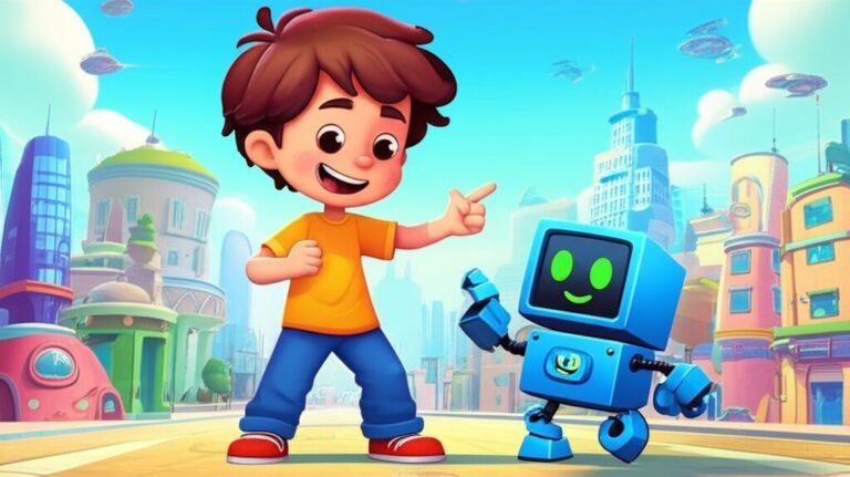 História Infantil sobre Robôs: Ilustração alegre de um menino sorridente e um robô bailarino em uma cidade futurista de Tecnolândia, celebrando a amizade e talentos ocultos.