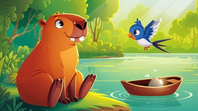 Ilustração da História Infantil sobre Saudade: O Barco das Lembranças de Chico, mostrando uma capivara olhando um barco artesanal em um rio.
