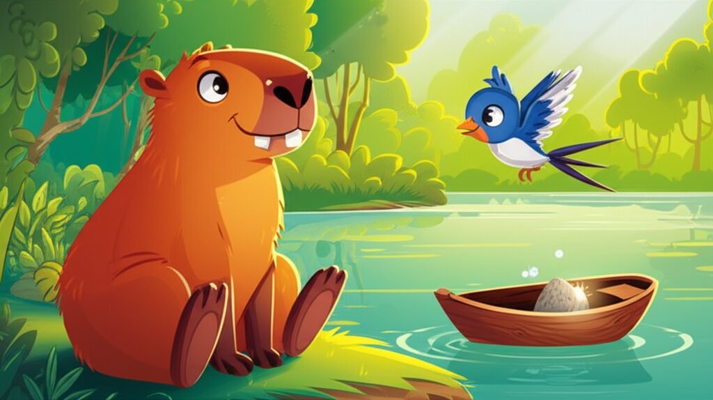 Ilustração da História Infantil sobre Saudade: O Barco das Lembranças de Chico, mostrando uma capivara olhando um barco artesanal em um rio.
