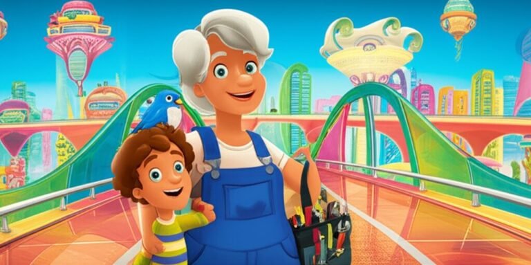 História Infantil sobre Segurança: Ilustração colorida de Júlio, Dona Rosa e Bento na Ponte Colorida da Cidade das Invenções.