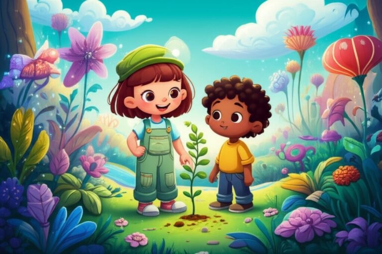 História Infantil sobre Sementes: Imagem de Lila e Bento em um jardim exuberante, plantando sementes misteriosas que se transformam em plantas coloridas e fantásticas, representando a aventura e a descoberta da natureza.