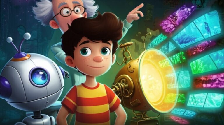 História Infantil A Cidade do Nunca-Basta e o Simulador de Possibilidades: Luan, Professor Eugênio e o robô Beta exploram mundos imaginários em um laboratório antigo, ressaltando o tema da superação do tédio pela criatividade.