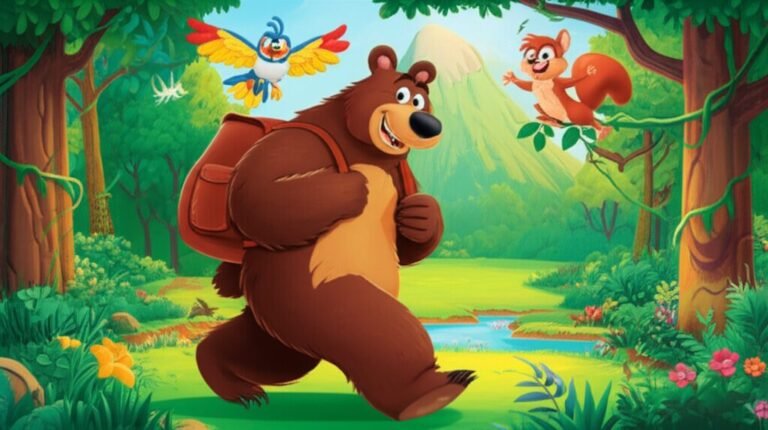 História Infantil: Imagem que mostra o urso Beto, o joão-de-barro Joca e o esquilo Ciro explorando a Floresta Sereno em sua jornada para o Segredo da Toca do Mel Gigante.