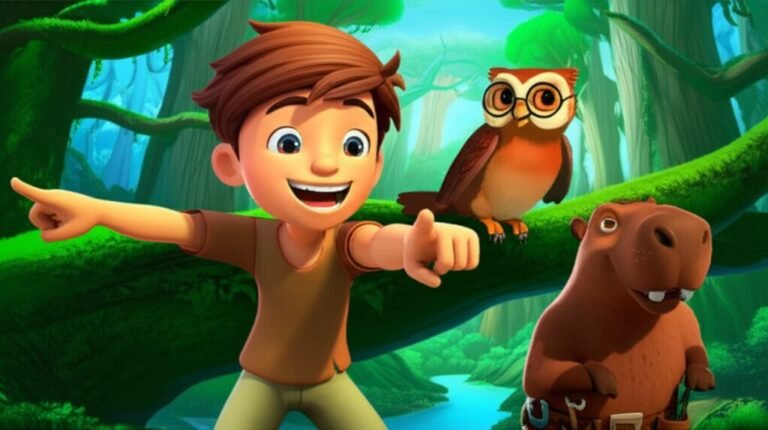História Infantil sobre valores, ilustrando Léo, Professor Coruja e Bira juntos, desvendando o segredo da nascente no Grande Arboretum, com a natureza exuberante ao redor.