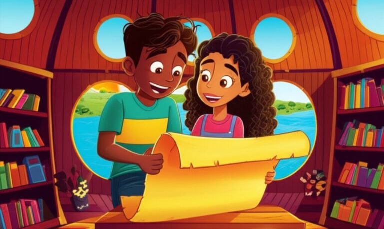 História Infantil: Pedro e Lina sorrindo e lendo um mapa do tesouro em uma biblioteca flutuante, cercados por livros coloridos e com o sol brilhando pelas janelas.