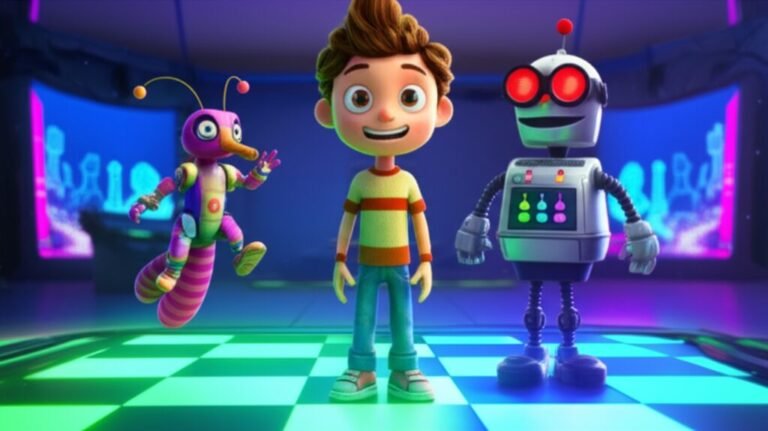História Infantil A Aventura de Lucas no Tabuleiro Cintilante, com Lucas, Professor Robô P. Xadrez e Nina em um tabuleiro de xadrez futurista.