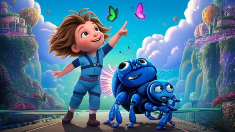 História Infantil sobre solidariedade: Uma ilustração vibrante mostrando Aurora, Bubu o besouro e Luna a borboleta cooperando para construir uma ponte de luz sobre um vale profundo, com a cidade flutuante de Aerovila ao fundo.