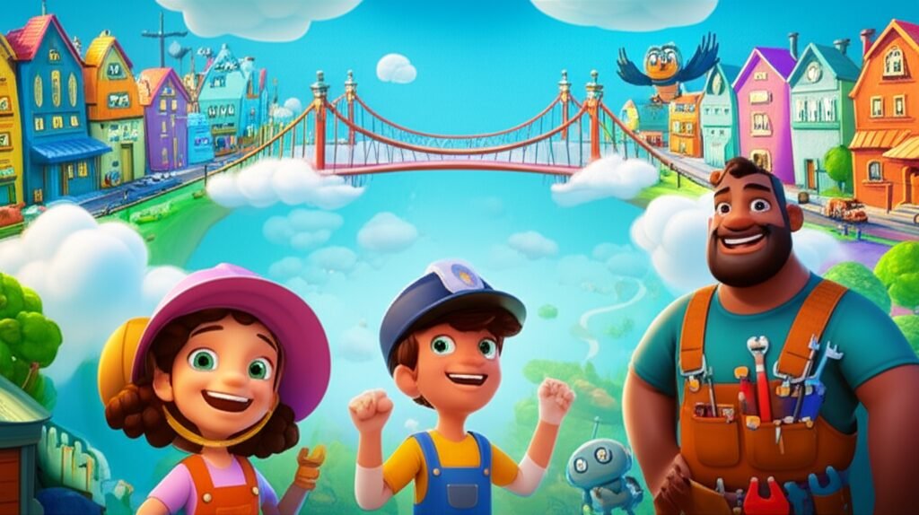 História Infantil: Ilustração da cidade de Aeroville com a nova Ponte Brilhante, destacando os personagens Aurora, Bento e Cora, que representam a solidariedade e a reconstrução da comunidade.