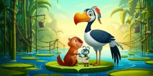 História Infantil O Segredo do Orvalho no Jardim Flutuante: Uma capivara, tuiuiu e besouro trabalham juntos para coletar água em seu vilarejo flutuante, ilustrando a solidariedade e o trabalho em equipe nesta História Infantil.