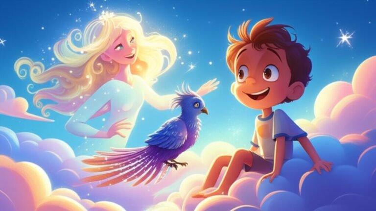 Ilustração da História Infantil sobre Sonhos: O Brilho Escondido na Nuvem Sonhadora, mostrando o personagem principal, Léo, junto ao pássaro-sonho Serafim, voando em um cenário de nuvens coloridas.