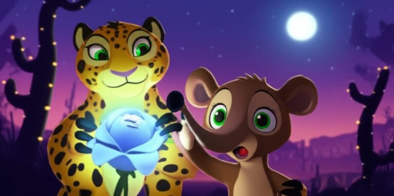História Infantil A Coragem de Léo no Deserto Cintilante, com Léo, o tamanduá, e Jaci, a onça-pintada, em uma aventura noturna pelo deserto cintilante, simbolizando a superação de medos.