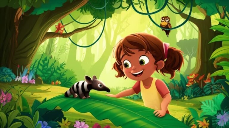 Uma vibrante ilustração da História Infantil sobre superação de medos A Coragem de Lia na Floresta Sussurrante, mostrando Lia, o tamanduá Toco e a coruja Dona Jurema em uma floresta colorida.