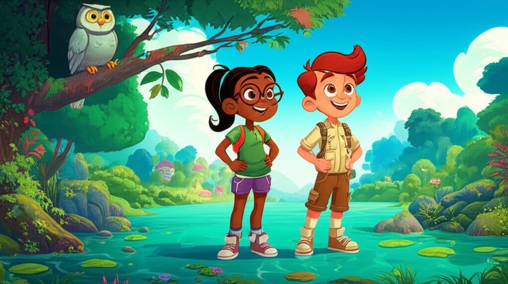 História Infantil sobre sustentabilidade: Ilustração de Rafa e Leo, duas crianças, observando um rio limpo com plantas aquáticas e uma coruja sábia, Dona Corujoca, em uma floresta, simbolizando a aventura e os aprendizados sobre sustentabilidade na história.