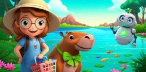 História Infantil: Ilustração vibrante de Sofia, a capivara Breno e o Robô Flora junto ao rio cristalino de Recanto das Esmeraldas, representando a jornada deles para promover a sustentabilidade.