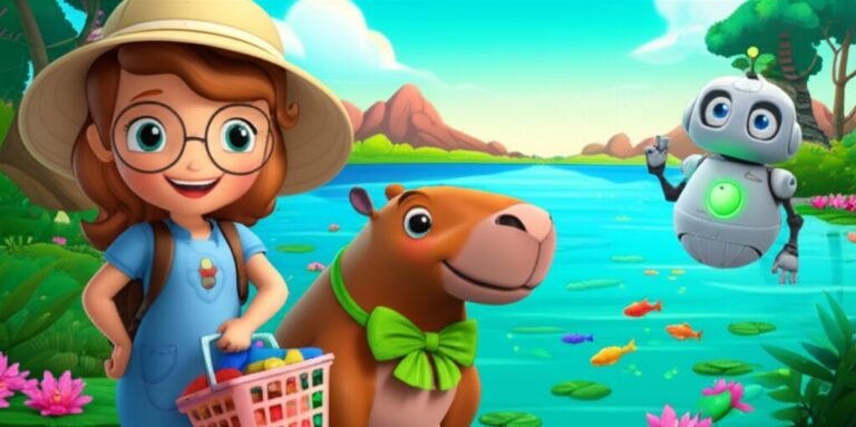 História Infantil: Ilustração vibrante de Sofia, a capivara Breno e o Robô Flora junto ao rio cristalino de Recanto das Esmeraldas, representando a jornada deles para promover a sustentabilidade.