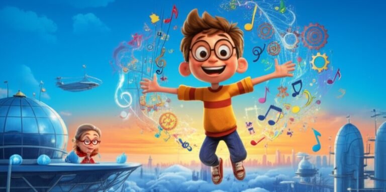 Imagem da História Infantil sobre Leo e a Orquestra do Caos Criativo, retratando o menino Leo em sua cidade futurista, com elementos que simbolizam sua mente criativa e efervescente.