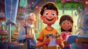 História Infantil sobre TDAH, ilustrada por Luan, Clara e Professor Gaspar em sua Oficina dos Pensamentos Velozes, simbolizando a criatividade e a amizade.