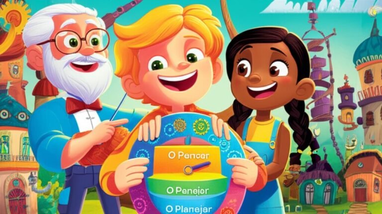 História Infantil sobre TDAH: O Relógio de Ideias de Teo. Ilustração vibrante de Teo, um menino criativo, junto com sua irmã Nina e o Professor Sabichão, em uma vila cheia de invenções, focando no Relógio de Ideias que ajuda a organizar a mente.
