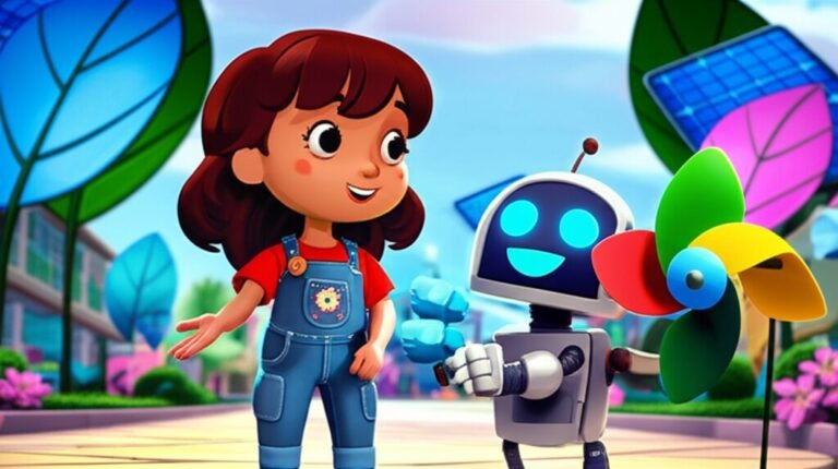 História Infantil sobre a inovação de Clara e Robô Zeca. Imagem de uma menina e um robô em uma praça colorida, cercados por luzes tecnológicas e um catavento eólico, representando a aventura da tecnologia e amizade.