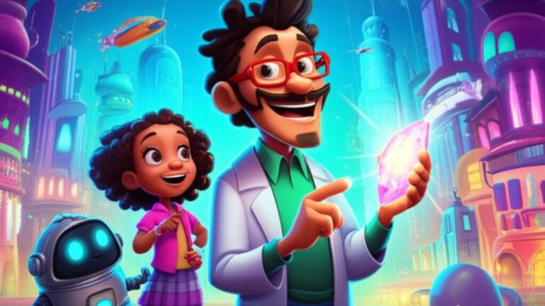 Imagem da História Infantil A Máquina de Brilho do Professor Giba, mostrando o Professor Giba, a menina Lia e o robô Kiko em uma cidade futurista cheia de tecnologia e cores brilhantes, representando a inovação e a aventura.