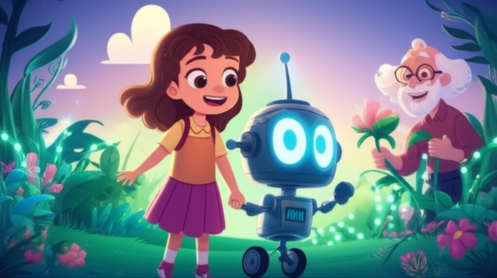 História Infantil: Mariana e Robozinho Fuzil explorando um jardim suspenso, simbolizando a superação do tédio através da curiosidade e da descoberta.