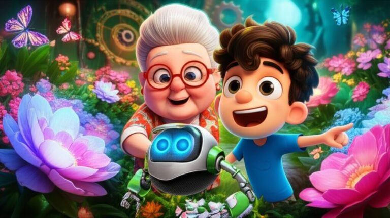 História Infantil sobre Tédio: Joca, Avó Marta e o robô Bolt em um jardim de invenções, representando a aventura e a superação do tédio.