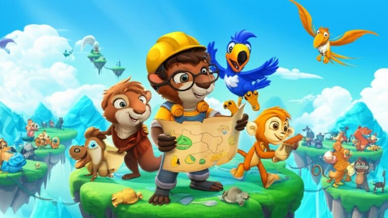 Uma vibrante ilustração da História Infantil sobre Tolerância: Aerópolis e a Sinfonia Esquecida, mostrando a capivara Cássia, o tucano Tito e o mico Léo na cidade flutuante de Aerópolis, celebrando a união das diferenças.