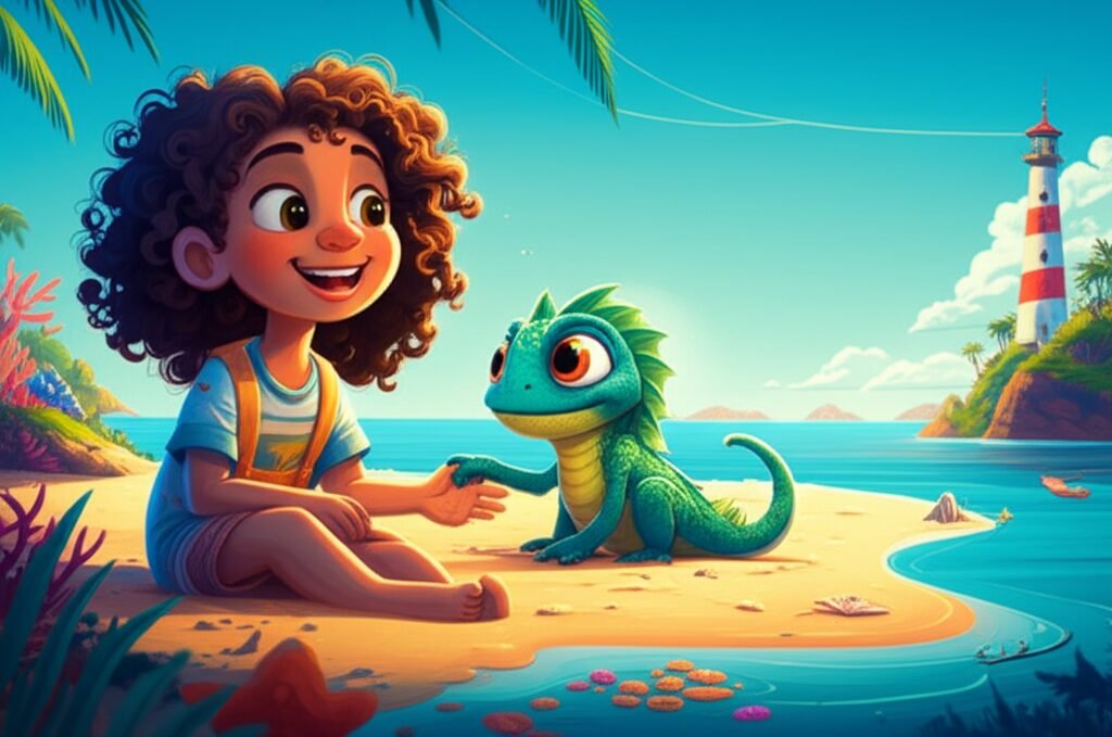 História Infantil sobre Tolerância, com a menina Flora interagindo com a criatura marinha Grungui na praia da Enseada dos Ecos, promovendo a aceitação das diferenças.