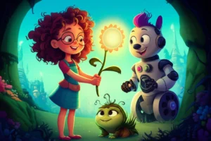 História Infantil: Ilustração dos personagens Aurora, Bolt e Lio unidos em um cenário que mescla o céu da cidade de Aeroville com o subterrâneo, simbolizando a união através da tolerância.