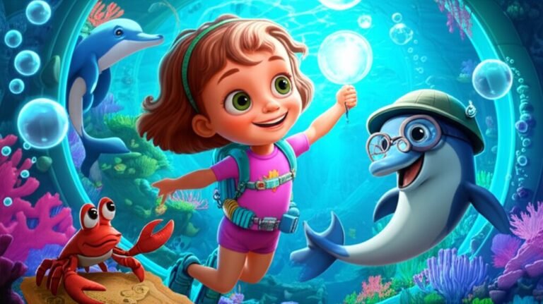 História Infantil sobre tomar banho: Aninha, o Professor Golfinho Doutor Sabichão e Seu Caranguejo Armando em uma aventura subaquática, segurando a Essência Borbulhante na cidade de Borbulhância.