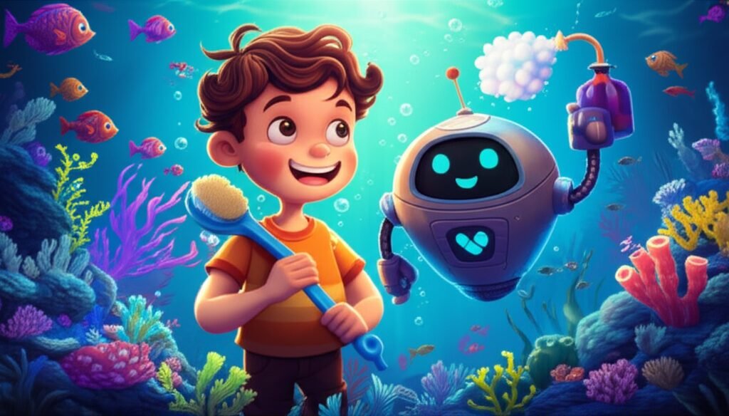 História Infantil sobre Tomar Banho: Um menino e um robô em uma divertida expedição subaquática virtual, cercados por peixes coloridos, ilustrando a alegria da higiene e da aventura.