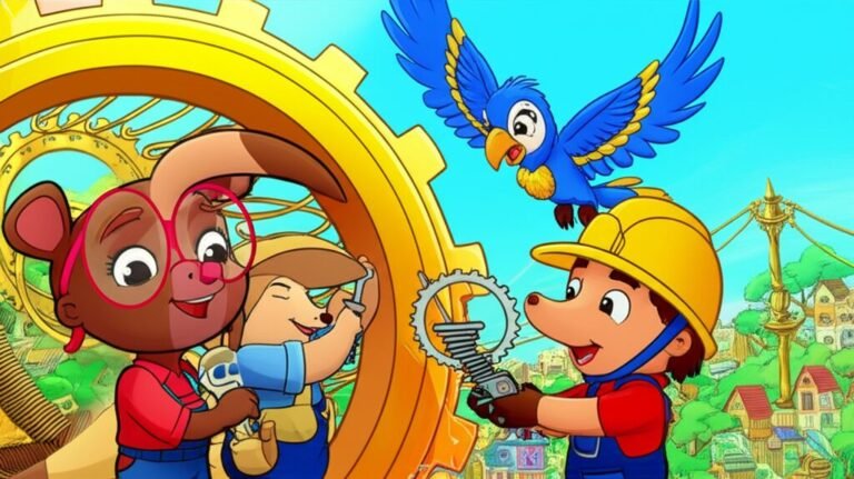 História Infantil A Grande Invenção de Vila Harmonia: Antônia, o tamanduá engenheiro, Bento, o tatu-bola construtor e Clara, a arara observadora, trabalhando juntos para reconstruir o grande mecanismo da vila.
