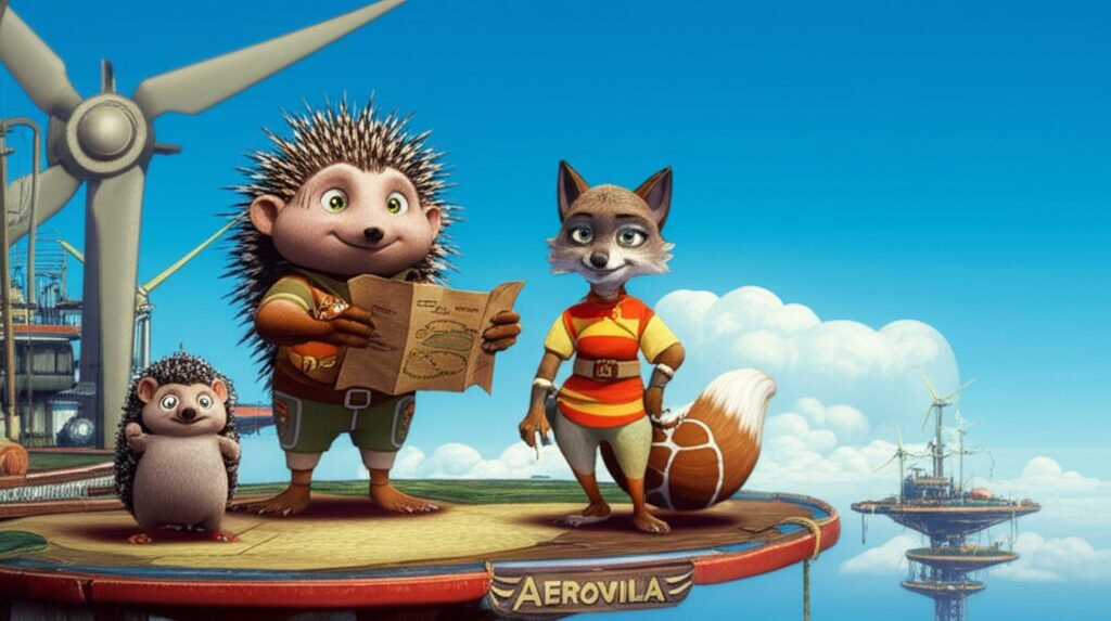 História Infantil sobre Trabalho em equipe: O Enigma da Cidade Flutuante de Aerovila. Três amigos animais – um ouriço, uma loba e um tatu – em uma cidade futurista flutuante, trabalhando juntos para resolver um problema.