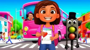 História Infantil sobre trânsito: Ilustração de uma menina sorridente e um semáforo falante em um cruzamento urbano, ensinando sobre segurança no trânsito. A imagem colorida representa a aventura da história.