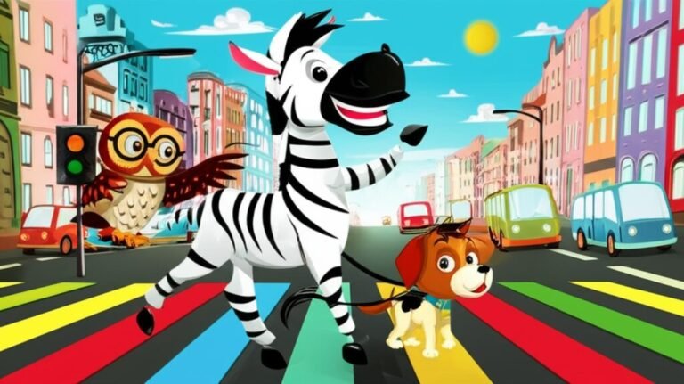 História Infantil sobre Trânsito: Zeca e a Aventura na Cidade. Imagem de Zeca, o zebrinha, aprendendo sobre segurança no trânsito.