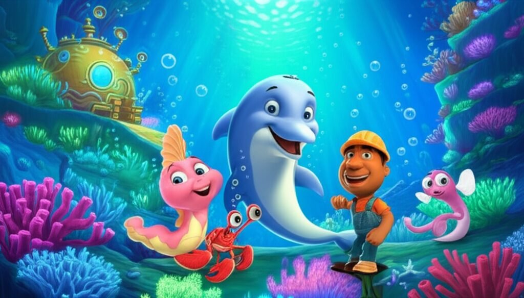 História Infantil sobre Os Três Porquinhos: Imagem de um golfinho, uma enguia e um caranguejo construindo suas casas no fundo do mar, destacando a criatividade e o trabalho em equipe na história infantil.
