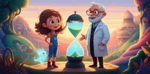 Uma ilustração colorida da História Infantil O Relógio de Areia dos Sentimentos Esquecidos, com Lila, Professor Gael e Lumus observando um relógio de areia brilhante em um cenário futurista.