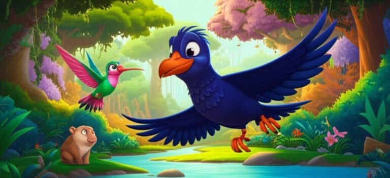 História Infantil: Ilustração do corvo Dudu, a beija-flor Flora e o tatu-bola Juca em uma floresta vibrante, simbolizando amizade e superação da tristeza.