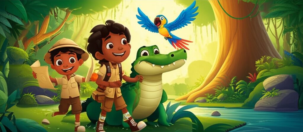 História Infantil sobre União: Imagem colorida com o menino Leo, o jacaré Jambu e a arara Pipa trabalhando juntos na floresta vibrante, simbolizando a união e aventura para o Enigma da Árvore Cintilante.
