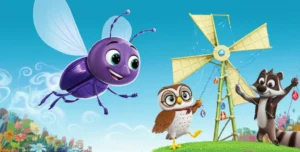 Uma vibrante ilustração da História Infantil O Segredo do Jardim dos Ventos Sussurrantes, mostrando um besouro roxo, uma coruja inventora e um guaxinim colaborando para criar uma máquina de vento em um jardim flutuante.